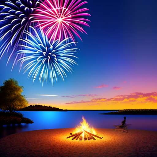"Beach Bonfire Yoga and Fireworks" Midjourney Prompt - Customizable Yoga and Fireworks Scene - Socialdraft