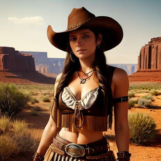 Captivating Cowgirl Midjourney Prompt: Brown Leather Fringe Skirt, Bikini Top, and Cowboy Accessories - Socialdraft