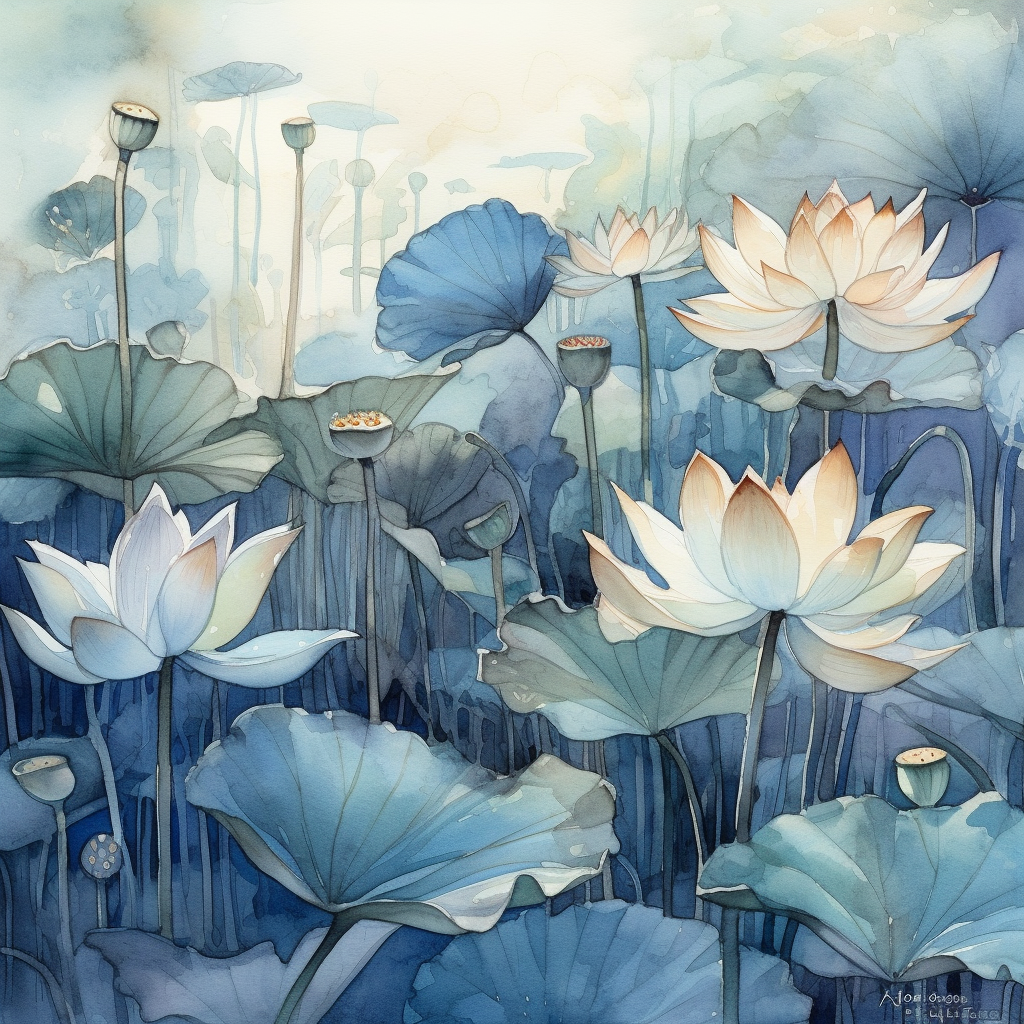 "Blue Lotus Garden" - Custom Midjourney Prompt for Watercolor Painting Generation