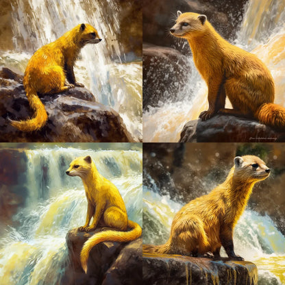"Custom Midjourney Prompt: Yellow Mongoose at Waterfall"