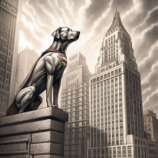 Superman Dog Flying Over Art Deco Metropolis - Hyperrealistic Illustration Midjourney Prompt - Socialdraft