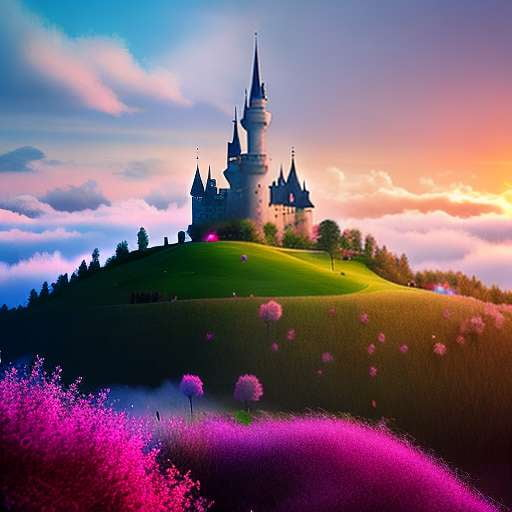 "Floating Fairy Tale Castles at Sunset" - Midjourney Prompt for Unique and Custom Art Creation - Socialdraft