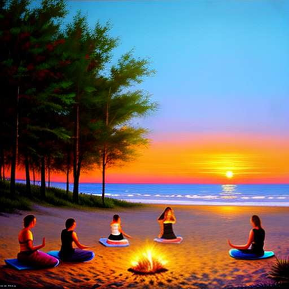 "Beach Bonfire Vinyasa Flow" Midjourney Prompt - Customizable Yoga Practice Image - Socialdraft